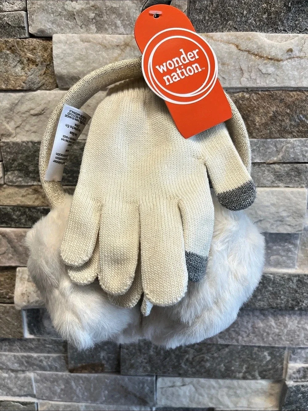 Wonder Nation Cream & Pink Knit Gloves & Faux-Fur Earmuffs NWT